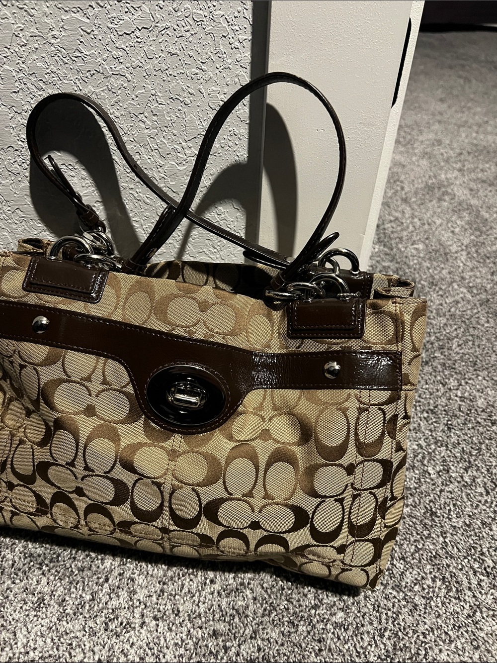 Coach Two-Tone Signature Canvas Shoulder Bag in Brown and Tan
